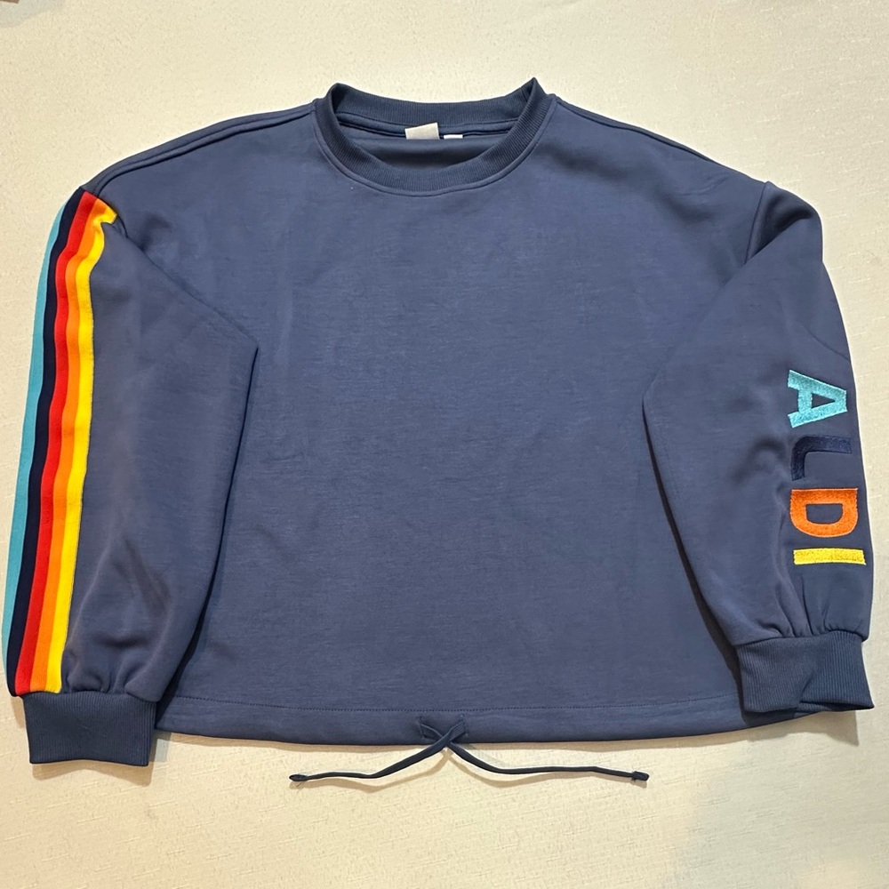 ALDI Gear Sweatshirt Women’s Medium Blue Rainbow Sleeve Logo Pullover